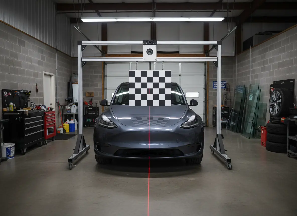 SUV in a shop bay facing a checkered ADAS calibration target on a stand