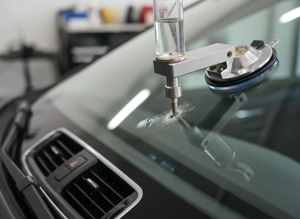 Resin injector bridge suctioned over a bullseye chip on a windshield