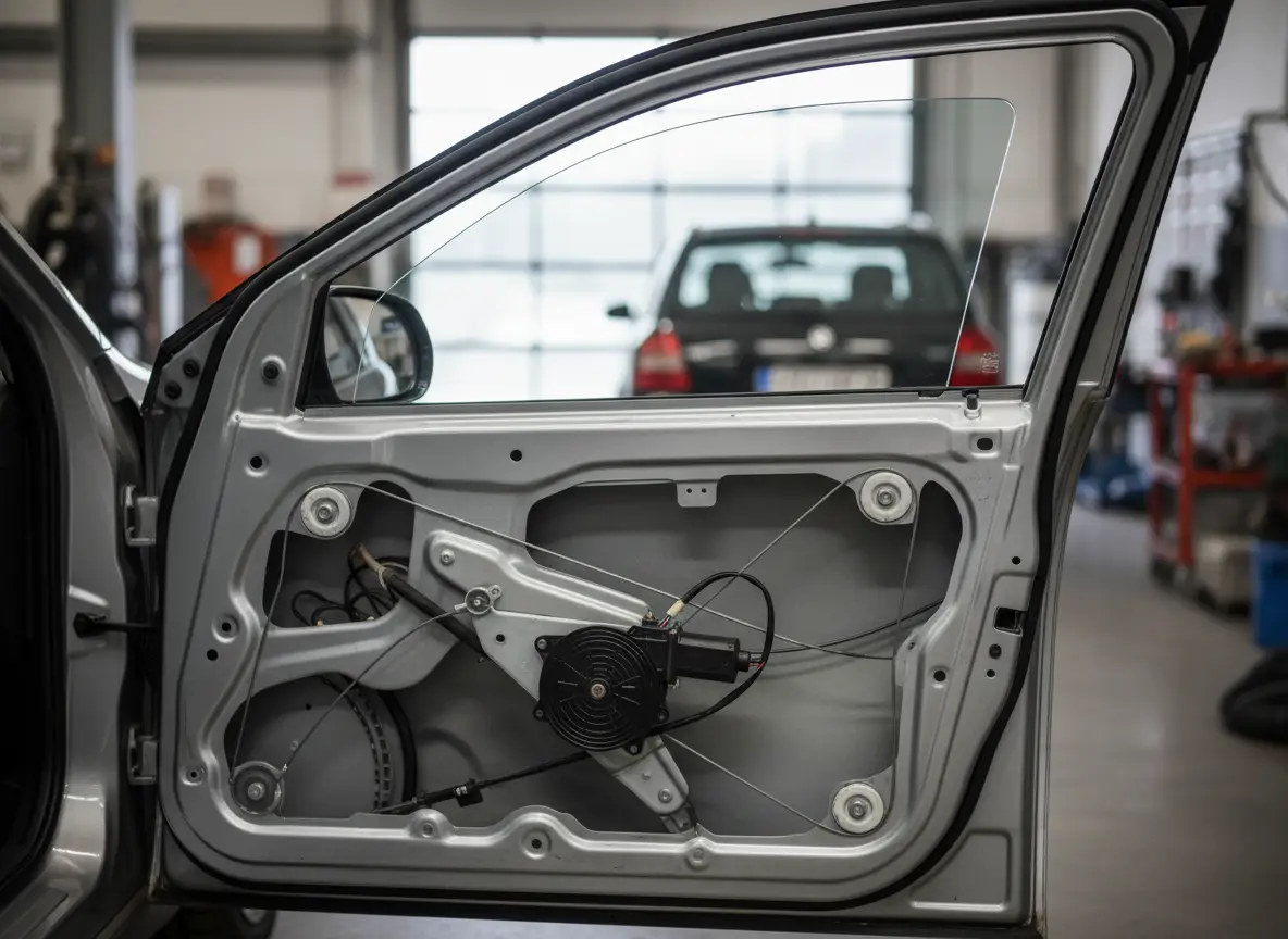 Car door with the trim panel off showing the window regulator and new side glass